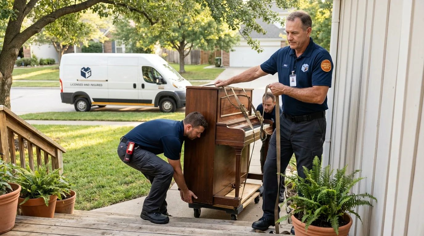 Licensed piano movers securing grand piano in Prince George, VA