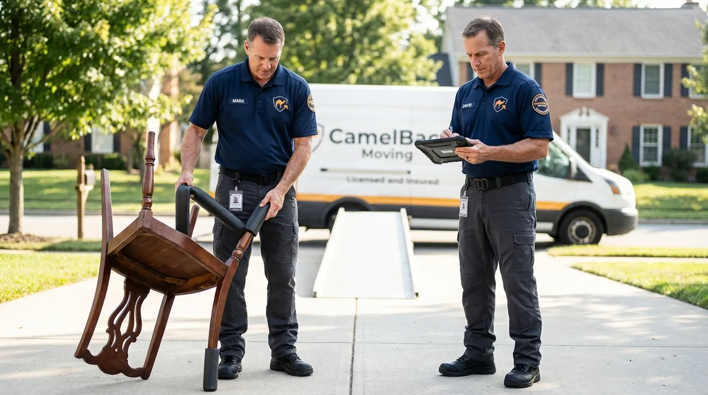 Movers inspecting furniture for damage prevention before loading in Prince George, VA