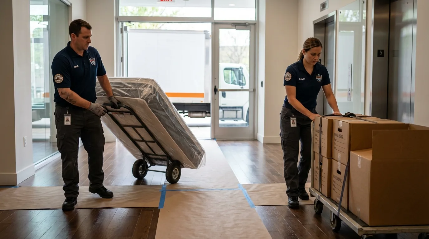 Professional apartment movers loading elevator in Prince George, VA